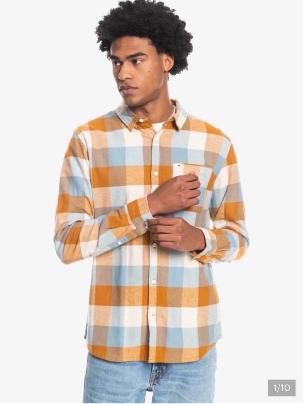 Quiksilver Men’s Flannel Plaid Shirt | Size S | Amber/Sky Blue/White | Reg. Fit